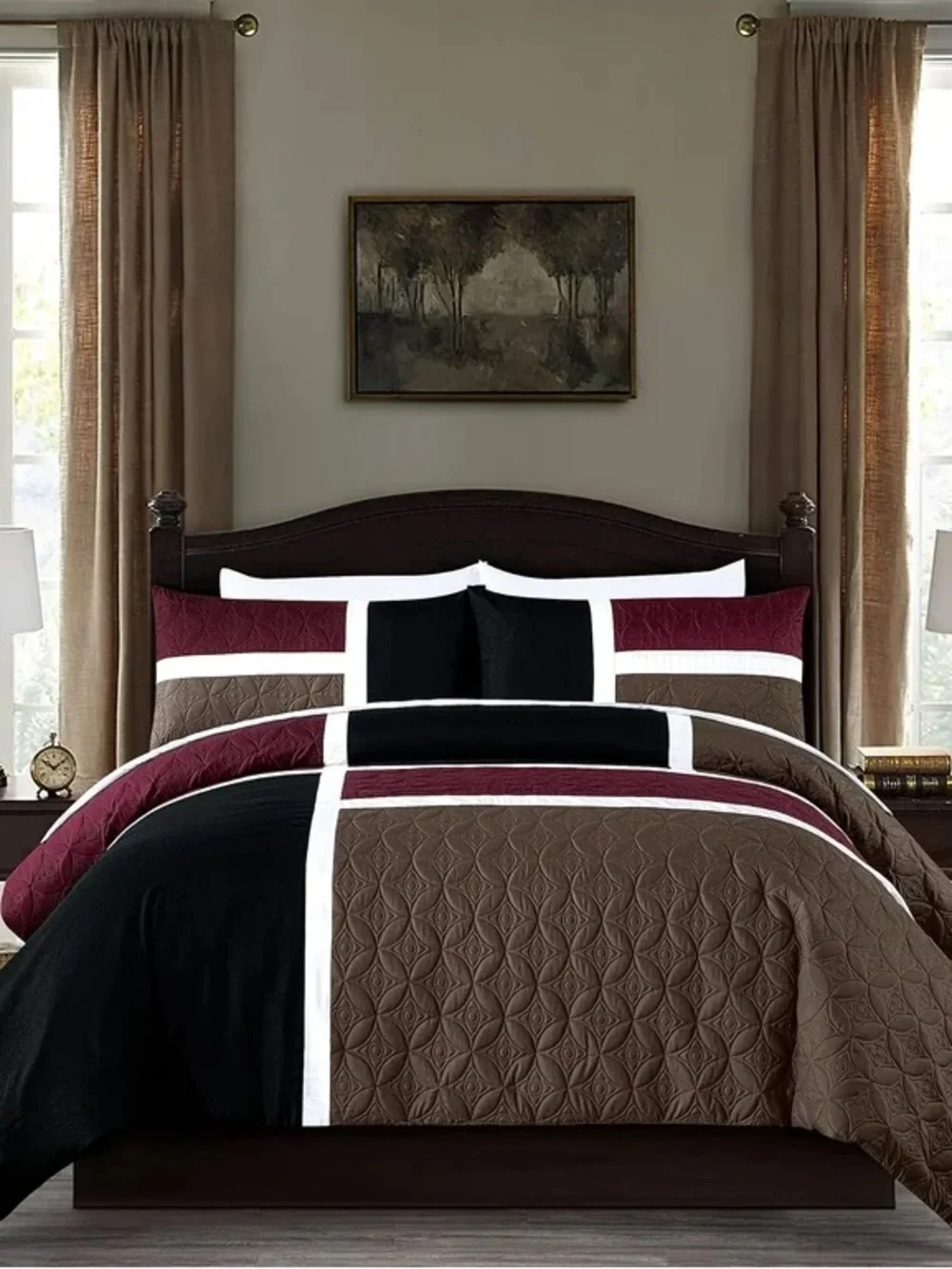 Modern Colorblock Comforter Set in Black, Burgundy & Brown - Home Bedding